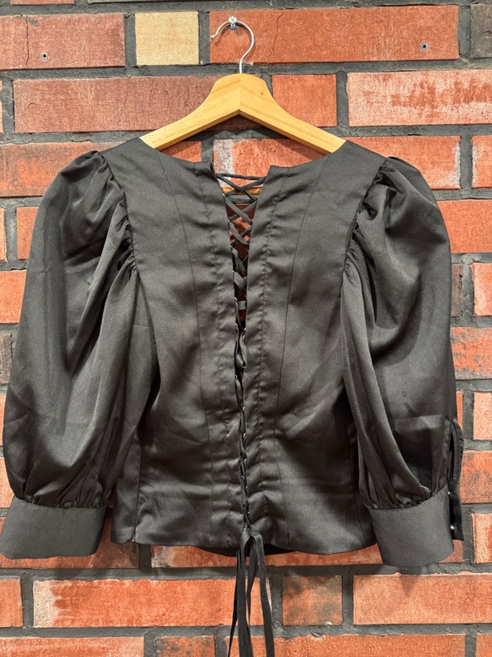 For love & lemons Black Lace-Up Puff Sleeve  Top - Picture 6 of 9
